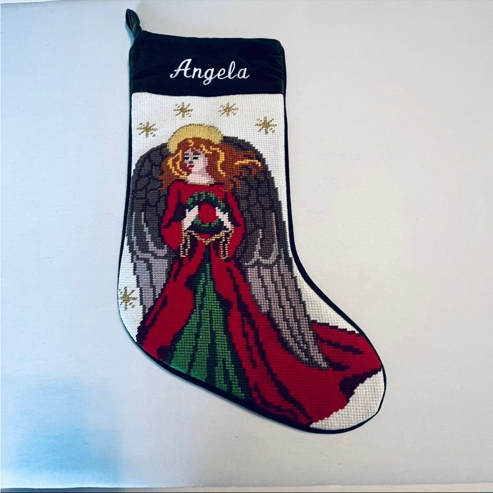 Personal Creations Angela Angel‎ Needlepoint Christmas stocking Green white NEW